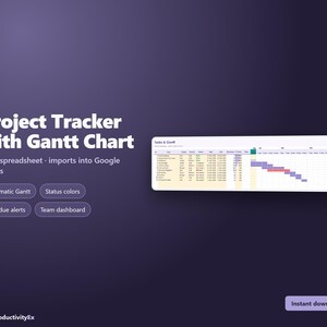 Puede incluir: Una hoja de cálculo de seguimiento de proyectos con diagrama de Gantt, que incluye el texto Project Tracker with Gantt Chart, Excel spreadsheet, imports into Google Sheets, Automatic Gantt, Status colors, Overdue alerts, Team dashboard e Instant download.