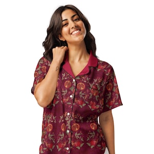 Pomegranate Song Satin Pyjama Top | Hand-Drawn Pomegranate & Songbird | Gift for Her, Trousers Sold Separately