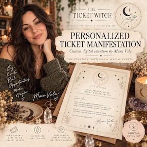 Puede incluir: Un documento digital titulado The Ticket Witch Personalized Ticket Manifestation, con ilustraciones celestiales de una luna y una mano. El texto incluye guía de intención personalizada para conciertos y eventos, firmado por Mara Vale.