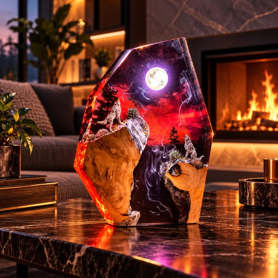 Mystic Moon Wolf Resin Lamp – Handmade Wood and Epoxy Night Light, Fantasy Wolf Decor, Unique Gift for Wolf Lovers