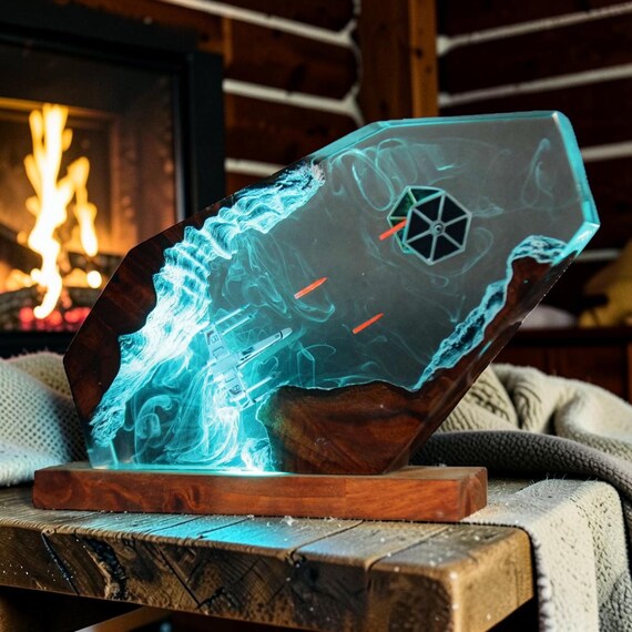 Star Wars Resin Lamp, X Wing Fighter LED Light, Galactic Space Battle Decor, Handmade Epoxy Wood Night Light, Sci Fi Gif
