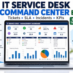 Könnte beinhalten: Ein Laptop-Bildschirm mit einer Excel-Vorlage für ein IT-Service-Desk-Command-Center. Das Dashboard enthält Datentabellen, Balkendiagramme und ein Kreisdiagramm zur Nachverfolgung von Tickets, SLA-Metriken, Vorfällen und KPIs mit verschiedenen Beschriftungen.