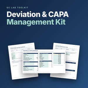 May include: A QC Lab Toolkit Deviation & CAPA Management Kit featuring printed documents with a Deviation Report, a CAPA Plan and Effectiveness Check, and a central Deviation & CAPA Dashboard displaying data tables on white paper sheets.