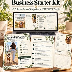 Peut inclure: Un kit de démarrage pour entreprise de promeneur de chiens comprenant 32 modèles Canva modifiables affichés sur un écran d'ordinateur et des documents imprimés. Le kit inclut un dépliant, un guide de démarrage, un journal et un suivi de promenades.