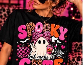 Maglietta di Halloween con fantasma rosa spettrale: maglietta grafica con stampa leopardata per ragazze