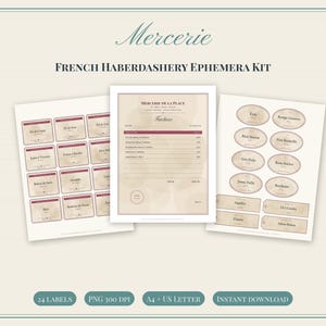 Puede incluir: Un kit de efímeros de mercería francesa que consta de tres hojas de papel imprimibles. Las hojas contienen etiquetas rectangulares, un documento de factura central titulado Mercerie de la Place y etiquetas ovaladas con texto en francés.