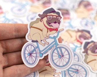 Bicycle Pug Sticker | Hipster Pug | Waterproof Vinyl Sticker