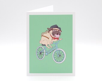 Hipster Pug Greeting Card - Bicycle Pug
