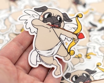 Cupid Pug Sticker | Valentines Day Sticker | Waterproof Vinyl Sticker