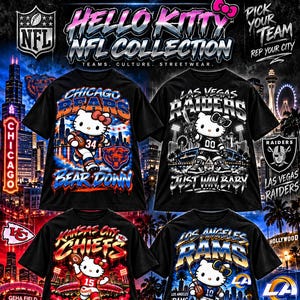 Puede incluir: Cuatro camisetas negras con gráficos de Hello Kitty NFL. Las camisetas muestran diseños de los Chicago Bears, Las Vegas Raiders, Kansas City Chiefs y Los Angeles Rams con nombres de equipos, logotipos y horizontes urbanos. Texto: Hello Kitty NFL Collection.