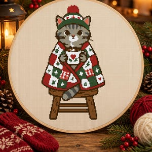Cat in a Quilt with Cocoa Cross Stitch Pattern, Cozy Winter Tabby Cat Lover Gift, Patchwork Counted Chart, Instant PDF Download