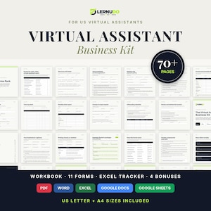 Può includere: Un kit aziendale digitale per assistenti virtuali che comprende oltre 70 pagine di moduli, una cartella di lavoro e un tracker Excel. Il kit include formati PDF, Word, Excel, Google Docs e Google Sheets in dimensioni US Letter e A4.