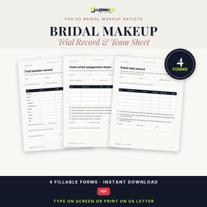 Bridal Makeup Trial Form, Makeup Artist Kit Hygiene Log, Team Assignment Sheet, Patch Test, Fillable PDF MUA Forms