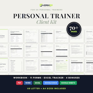以下が含まれることがあります： LERNUDOのパーソナルトレーナークライアントキット。70ページ以上のフォーム、ワークブック、Excelトラッカー、4つのボーナスが含まれています。PDF、Word、Excel、Googleドキュメント、Googleスプレッドシート形式で、USレターサイズとA4サイズに対応しています。