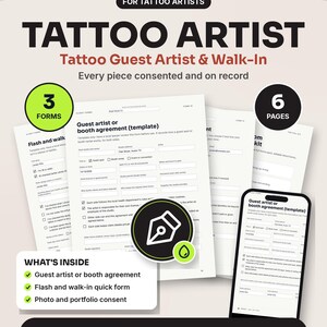 Huurovereenkomst voor tattoo-cabine en gastartiest, aanmeldingsformulier, toestemmingsformulier voor foto's, invulbaar PDF-bestand