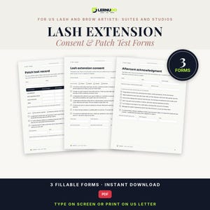 Lash Extension Consent Form, Patch Test Record, Aftercare Acknowledgment, Fillable PDF Lash Tech Forms, Printable