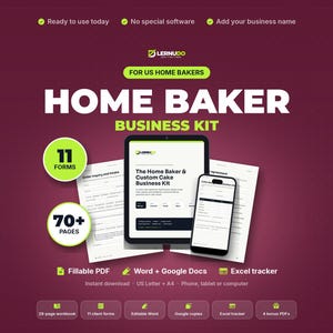 Op de afbeelding: Een digitale businesskit voor thuisbakkers met een tablet en smartphone die documentsjablonen weergeven. De bordeauxrode achtergrond bevat tekst zoals Home Baker Business Kit, 11 forms, 70+ pages en instructies om te downloaden, op het scherm in te vullen en te printen.