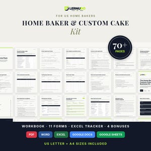 May include: A digital business kit for home bakers featuring over 70 pages of forms, a workbook, and an Excel tracker. The kit includes PDF, Word, Excel, Google Docs, and Google Sheets files in US Letter and A4 sizes for custom cake order management.
