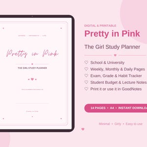 Könnte beinhalten: Ein digitaler Studienplaner auf einem Tablet-Bildschirm mit hellrosa Hintergrund. Der Text lautet Pretty in Pink, The Girl Study Planner, School & University, Weekly, Monthly & Daily Pages, Exam, Grade & Habit Tracker, Student Budget & Lecture Notes, Print it or use it in GoodNotes, 14 PAGES, A4, INSTANT DOWNLOAD.