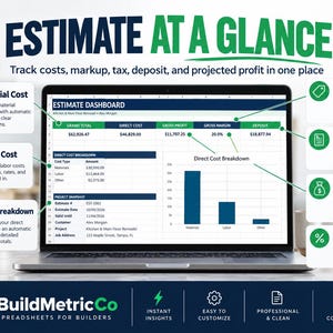 Op de afbeelding: Een laptopscherm met een schattingsdashboard-spreadsheet met kolommen voor het totaalbedrag, directe kosten, brutowinst, brutomarge en aanbetaling. De interface bevat een staafdiagram voor de uitsplitsing van directe kosten en details over materiaal en arbeid.