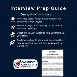 Pode incluir: Um documento digital azul escuro intitulado Interview Prep Guide da Campus 2 Corporate Coaching. Lista recursos incluindo uma tabela de referência, cenários, perguntas para estruturar histórias e orientações. Um tablet exibe o guia.