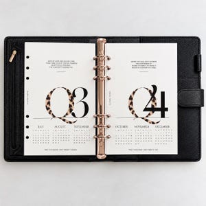 May include: A black leather binder with a six-ring rose gold mechanism holding two pages. The left page displays Q3 with a leopard print numeral and calendar months July, August, September. The right page shows Q4 with October, November, December.