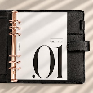 May include: A black leather binder with a rose gold six-ring mechanism holding a white page. The page features the text 'ELAVAE PAPER' vertically on the left and 'CHAPTER .01' in large, bold black typography centered on the white background.