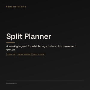May include: A black digital document titled Split Planner by Nomadisthenics. It features a weekly layout for training movement groups, including an 8-page PDF, instant download, and print or screen options in white and gold text.