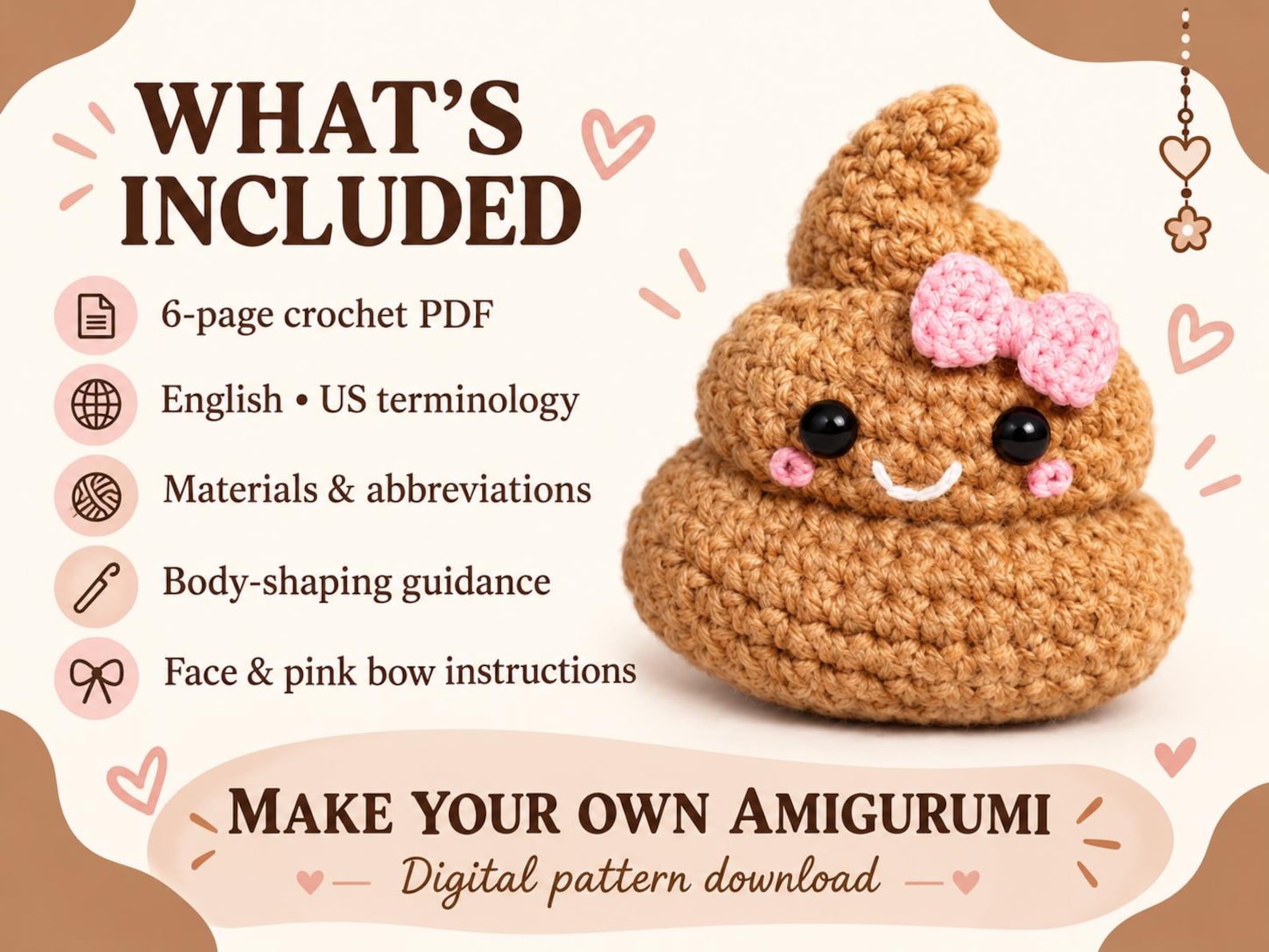 Poop Patern Poop Emoji Amigurumi Crochet Pattern, Pink Bow Character (digital ...