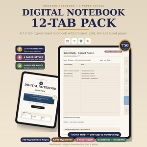 Digital Notebook GoodNotes, Hyperlinked Notebook, iPad Notebook, 12 Tab Notebook, Cornell Grid Dot Lined