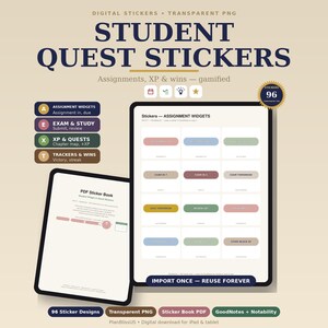 Student Stickers Digital PNG for GoodNotes, Student Widget Stickers, Assignment Exam Tracker XP Quest Stickers, iPad Study