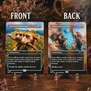 May include: Two Anointed Procession trading cards displayed side-by-side. The left card features two dogs playing with a stick in a field. The right card shows a cat stretching. Both cards include the text: If an effect would create one or more tokens under your control, it creates twice that many of those tokens instead.