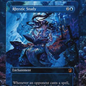 May include: A rectangular trading card titled Rhystic Study featuring a blue-toned underwater illustration of a figure with long dark hair reading a book. The card text reads: Whenever an opponent casts a spell, you may draw a card unless that player pays 1.