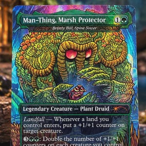 Könnte beinhalten: Eine holografische Sammelkarte mit dem Titel Man-Thing, Marsh Protector, die ein grünes, pflanzenartiges Wesen mit großen roten Augen zeigt, das eine kleine Kreatur hält. Der Kartentext enthält Legendary Creature, Plant Druid und Spielregeln, mit einer 2/2-Stärke unten rechts.