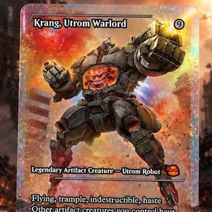 Könnte beinhalten: Eine holografische Sammelkarte mit dem Titel Krang, Utrom Warlord, die einen großen grauen mechanischen Roboter mit einer rosa Kreatur in der Brust zeigt. Die Karte enthält Text wie Flying, trample, indestructible, haste und 9/9.