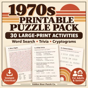 Può includere: Un pacchetto di puzzle stampabili anni '70 con 30 attività a caratteri grandi, tra cui cruciverba, quiz e crittogrammi. Il design utilizza uno schema di colori retrò arancione e marrone con il testo 1970s PRINTABLE PUZZLE PACK, 30 LARGE-PRINT ACTIVITIES, Word Search, Trivia, Cryptograms, Instant Download e For Adults & Seniors.