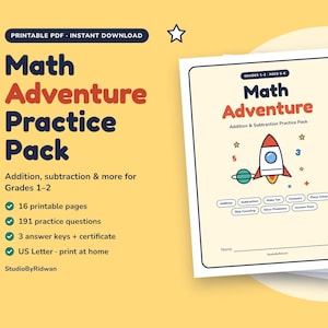 Puede incluir: Un paquete de ejercicios Math Adventure imprimible para los grados 1-2 con sumas y restas. La portada muestra una ilustración de un cohete, el texto Math Adventure y una lista de temas que incluyen conteo salteado y valor posicional.