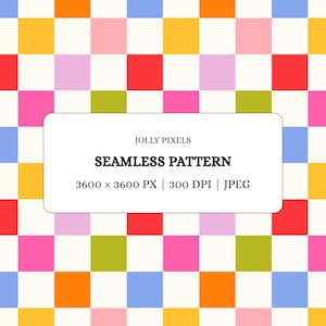 May include: A seamless pattern featuring a grid of multicolored squares in shades of pink, yellow, orange, red, light blue, olive green, and white. A central white rectangular label displays the text JOLLY PIXELS SEAMLESS PATTERN 3600 x 3600 PX | 300 DPI | JPEG.