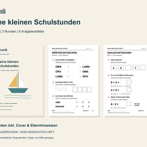 Pode incluir: Um conjunto de fichas educativas intitulado Wumli Meine kleinen Schulstunden, com uma capa com uma ilustração de um veleiro e duas páginas de exercícios para crianças, incluindo associação de palavras, contagem e cálculos simples.