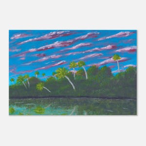 May include: A landscape painting featuring a dark green treeline with palm trees silhouetted against a bright blue sky filled with horizontal streaks of pink and purple clouds, with the scene reflected in the calm water in the foreground.