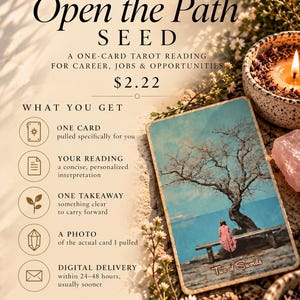 May include: A promotional graphic for a tarot reading service titled Open the Path SEED. The image features a Two of Swords tarot card showing a person in a pink dress sitting on a bench under a tree by the sea, alongside text details and icons.