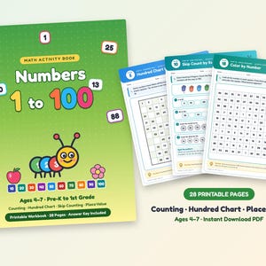 Puede incluir: Un libro de actividades matemáticas verde titulado Numbers 1 to 100 con una ilustración de una oruga. La portada muestra números, una manzana y una flor. Dos páginas interiores muestran una tabla del cien y una actividad de colorear por números.