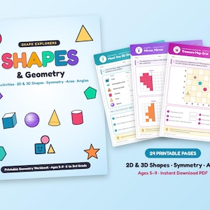 Puede incluir: Un cuaderno de ejercicios de geometría imprimible titulado Shape Explorers Shapes & Geometry con 17 actividades sobre formas 2D y 3D, simetría, área y ángulos. La portada muestra iconos geométricos y el conjunto incluye 24 páginas en PDF.