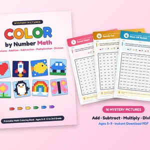 May include: A printable math coloring book titled Mystery Pictures Color by Number Math featuring 16 pictures for addition, subtraction, multiplication, and division. The cover displays pixelated icons like a heart, rocket, fish, car, flower, penguin, rainbow, and butterfly.