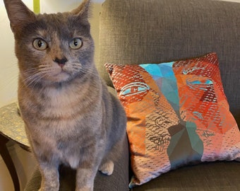 Profile Face-Off, digitally printed velvet pillow. 16" square, poly fill, cotton velvet back