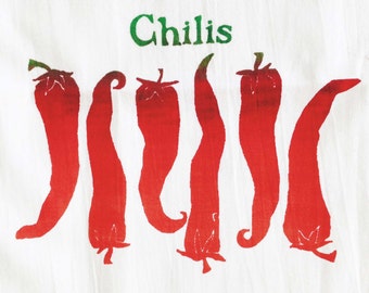 Flour-Sack towel with chilis Hand Screen Printed  Kitchen Towel