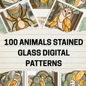 May include: A collection of stained glass animal designs featuring a swan, beetle, seal, spider, owl, bird, meerkat, and fennec fox. The image includes the text 100 ANIMALS STAINED GLASS DIGITAL PATTERNS printed on a lined paper background.