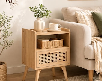 Mesita de noche de ratán con cajón, mesita de noche de madera natural con estante abierto.