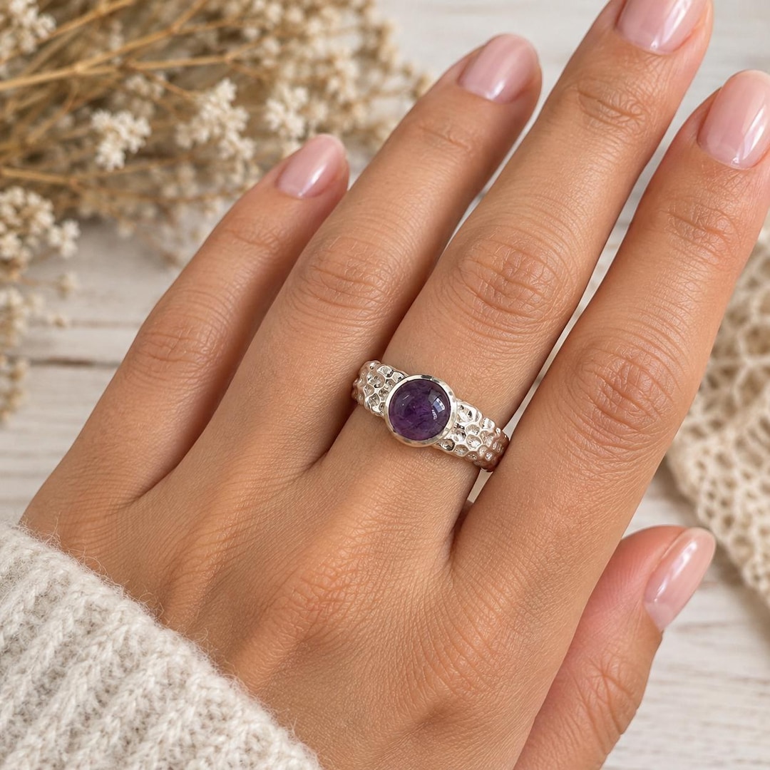 Purple Amethyst Ring, Textured Silver Statement Ring, Rustic Boho ...