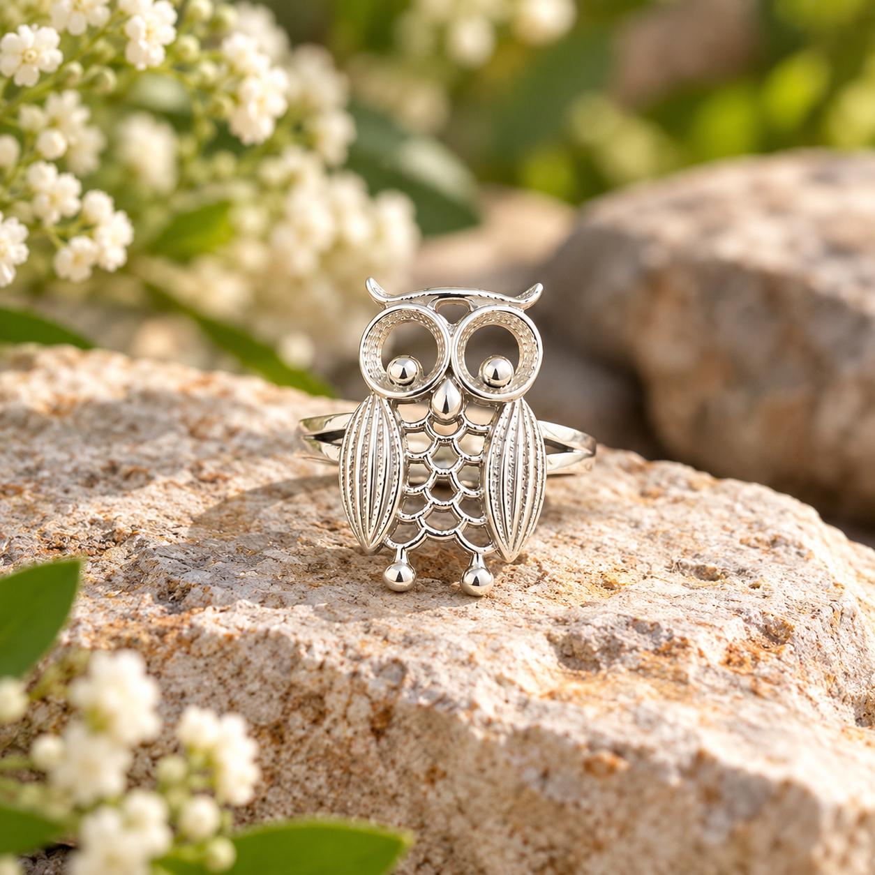 Silver Owl Ring, Detailed Owl Statement Ring, Woodland Animal Jewelry, Nature Inspired Gift, Cute Bi